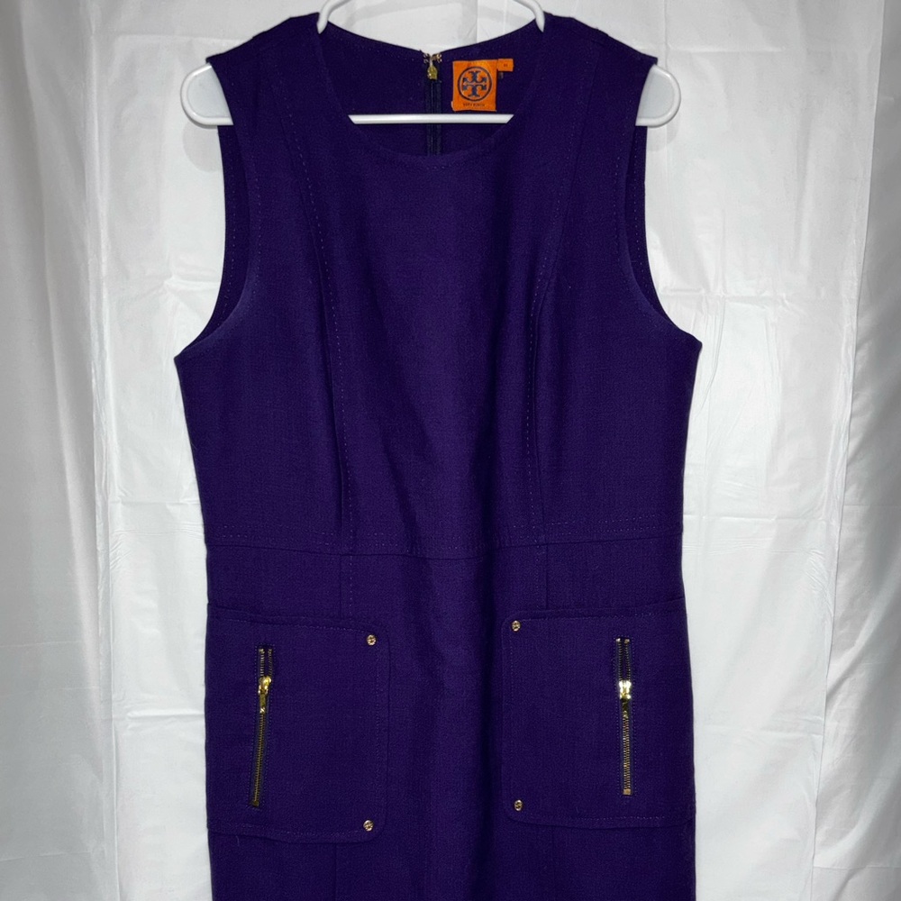 Tory Burch Purple Sleeveless Wool Blend Dress Size 14 Gold Zip Pocket Sheath